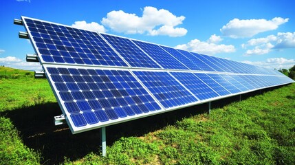 Solar Panels in a Green Field under a Blue Sky