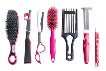 A vibrant array of hairstyling tools displayed artistically on a clean surface, perfect for creative hair transformations isolated on transparent background