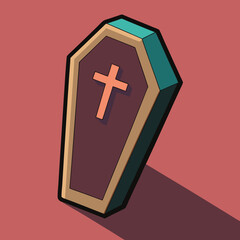 Fototapeta premium Coffin with Cross in a Geometric Style on a Red Background 
