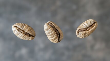Obraz premium Three light-roasted coffee beans, one of which is flying out of the frame