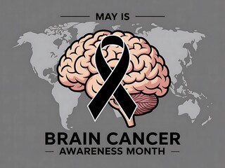 A somber illustration of a brain and a black ribbon, marking May as Brain Cancer Awareness Month with a global map backdrop.