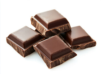 Closeup of Delicious Dark Chocolate Pieces Isolated on White Background