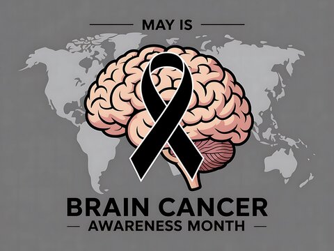 A somber illustration of a brain and a black ribbon, marking May as Brain Cancer Awareness Month with a global map backdrop. - Powered by Adobe