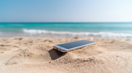 Summer holiday smartphone forgotten sand beach background lost property travel search find phone