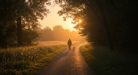 Silhouetted Person and Dog Walking Sunset Path: Golden Hour Tranquility