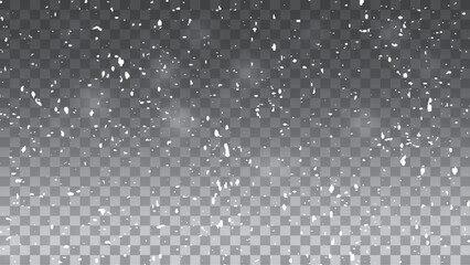 White small falling snowflakes. Snow storm effect, Snowy nature landscape, winter dust.