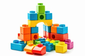 Colorful building blocks create a vibrant castle structure on a bright white backdrop, showcasing creativity and playful exploration isolated on transparent background