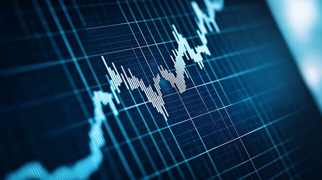 Sharp financial graph lines in blue and green overlaying softly blurred silhouettes of businessmen in a modern office, symbolizing market analysis and corporate strategy