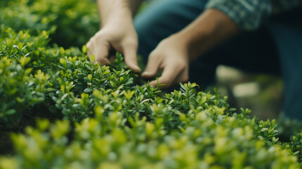 Landscaper planting shrubs in a garden bed. Featuring gardening and landscape design