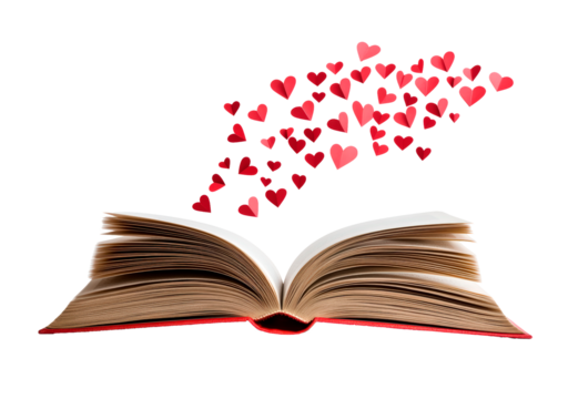 hearts floating above open book, PNG