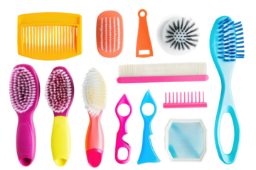 A vibrant collection of grooming tools displayed artistically on a clean white background, featuring various brushes, combs, and accessories isolated on transparent background
