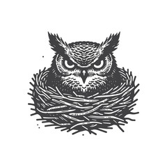 Obraz premium Simple Great Horned Owl Nest Side View Vector Icon Design – Vintage Retro Logo & Illustration