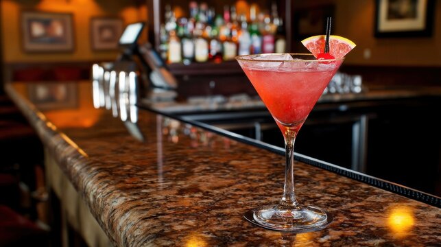 Elegant pink cocktail on granite bar in upscale restaurant