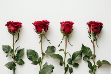 Obraz premium Elegant red roses arranged in a line with lush green leaves, capturing a moment of natural beauty against a light backdrop isolated on transparent background
