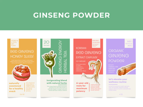 Ginseng product labels featuring various forms like powder, capsules, and herbal tea for health and wellness