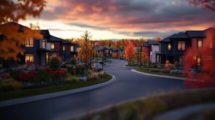 Fototapeta premium Autumn Evening in a Modern Neighborhood