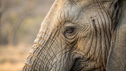 Obraz premium Elephant Face Wrinkles Highlighted by Sunlight with Deep Lines and Rough Texture