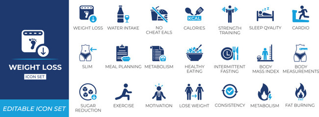 Weight loss icon set. Solid icon collection.