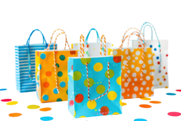 Colorful polka dot gift bags arranged creatively on a bright surface, adding a vibrant charm to any celebration or occasion isolated on transparent background