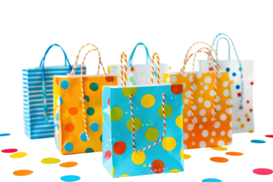 Colorful polka dot gift bags arranged creatively on a bright surface, adding a vibrant charm to any celebration or occasion isolated on transparent background