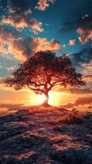 Majestic tree silhouetted against a vibrant sunset over rocky terrain, evoking tranquility