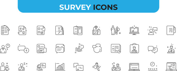 Survey Icons: Vector Set of Outline Symbols for Market Research, Feedback, and Data Analysis in Modern Line Art Style