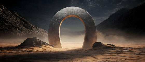 Ancient, otherworldly archway in a dusty desert landscape