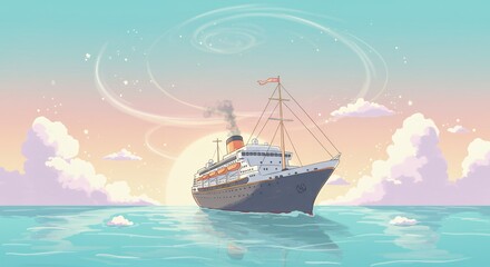 Obraz premium Ocean Liner at Sunset: A Serene Pastel Illustration