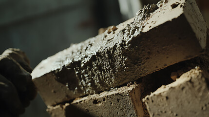 Mason applying mortar to bricks during wall construction. Featuring masonry work and bricklaying