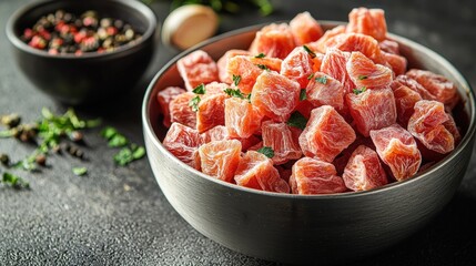 Freeze-dried raw turkey chunks in a steel bowl with textured appearance and copy space