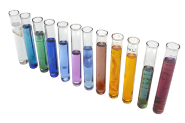 Colorful collection of test tubes filled with various liquids arranged in a row on a white surface isolated on transparent background