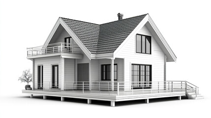 Modern white house with large windows and balcony, designed for rental
