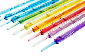 Colorful pipettes arranged in a vibrant display showcasing scientific tools perfect for laboratory experiments and creativity isolated on transparent background