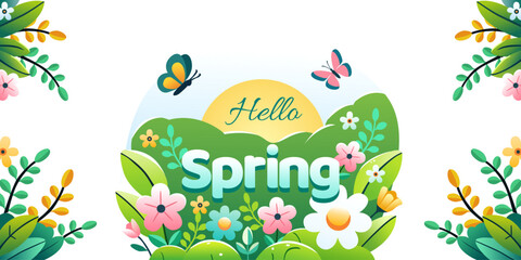 Hello Spring card or horizontal poster for spring holidays with flowers, butterflies and sunshine. Flat vector illustration.