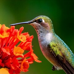 Hummingbird drinking nectar from flower. Vibrant colors of hummingbird in nature. Flowers th