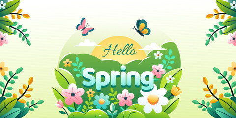 Hello Spring card or horizontal poster for spring holidays with flowers, butterflies and sunshine. Hand drawn Floral art template for Easter, birthday or Mothers Day decor