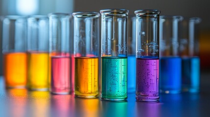 A row of colorful glass vials filled with different colored liquids