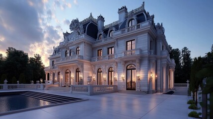 Obraz premium Luxurious French Chateau Estate at Sunset