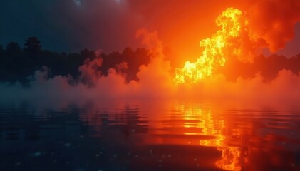 Naklejka premium Illuminated orange canvas, fire's reflection in misty water , water, photography