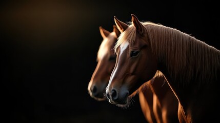 Obraz premium Two horses profile, backlit, dark field, golden hour