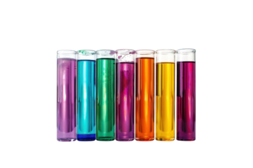 Colorful test tubes lined up on a white countertop, showcasing a spectrum of vibrant liquids during a scientific experiment isolated on transparent background