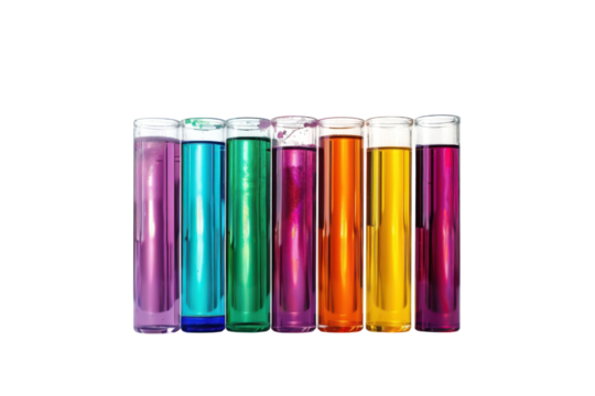 Colorful test tubes lined up on a white countertop, showcasing a spectrum of vibrant liquids during a scientific experiment isolated on transparent background