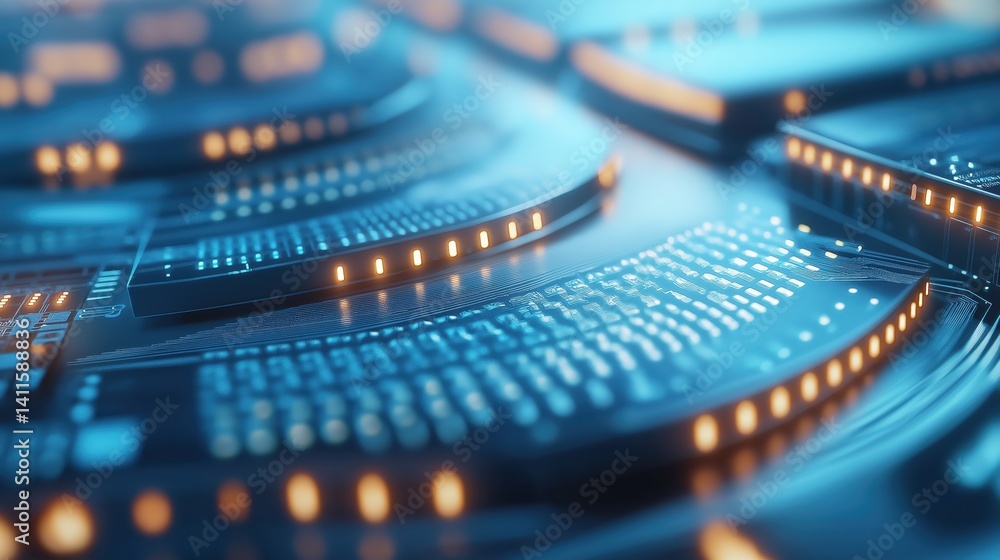 Poster close-up of electronic microchip on a luminous circuit board with detailed connections