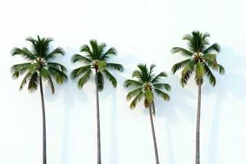 Obraz premium Minimalist composition of four coconut palm trees against white background, isolated, simple, scenery