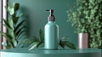 Mint green lotion dispenser on round table, surrounded by green plants.


