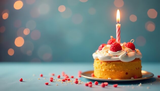 Minimalist design with single lit candle on small gold birthday cake, decoration, festive, special occasion