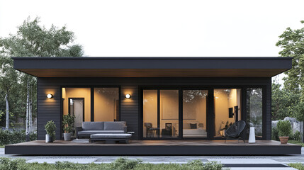 Obraz premium Modern black house with large windows and cozy patio area