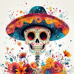 Festive Sugar Skull with Sombrero and Floral Cascade