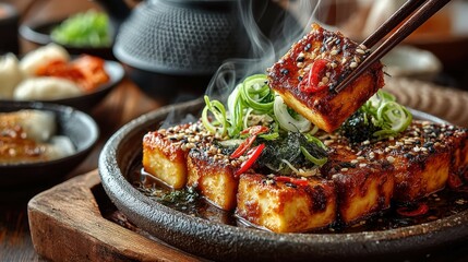 Close-up of hand with red nails using chopsticks to lift grilled tofu with steam rising