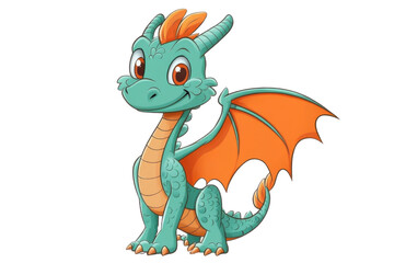 Obraz premium A cute cartoon illustration on a transparent background features a friendly teal dragon with orange wings, horns, and belly, sitting with a cheerful expression.